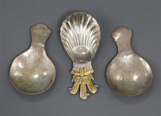 Three modern silver caddy spoons including a pair by William Egan & Sons, Dublin, 1973.
